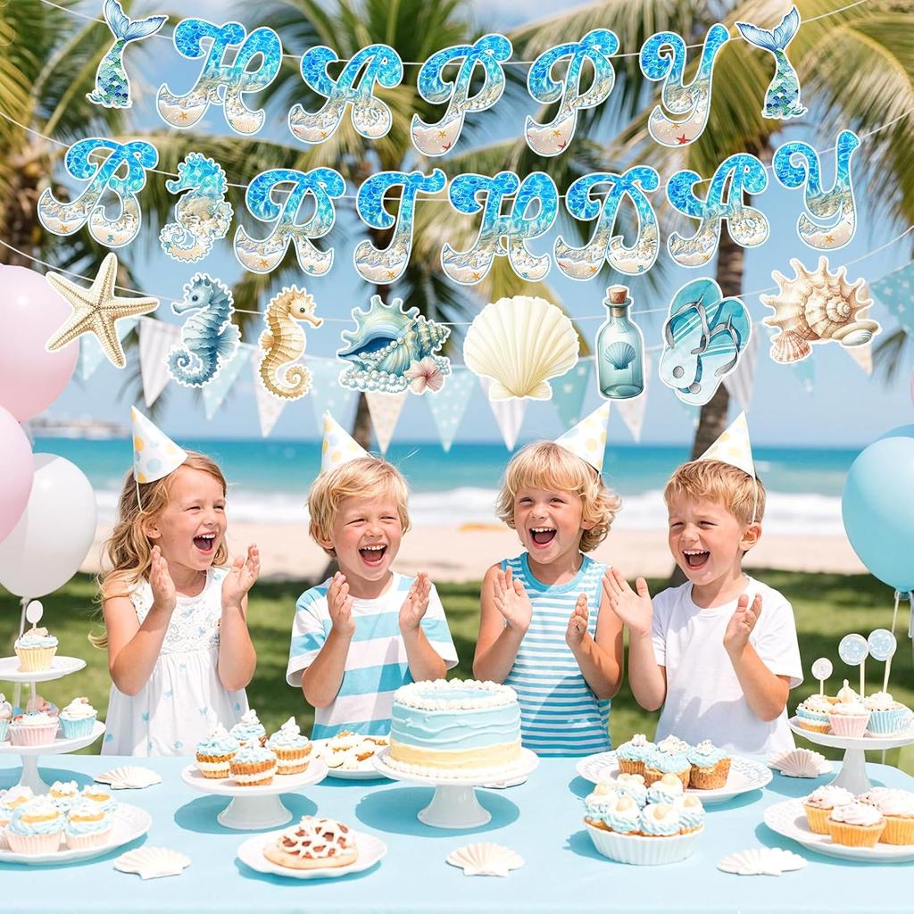 Ocean Beach Birthday Party Decorations Summer Beach Birthday Banner with 13pcs Nautical Seashell Seahorse Hanging Swirls for Coastal Beach Pool Party