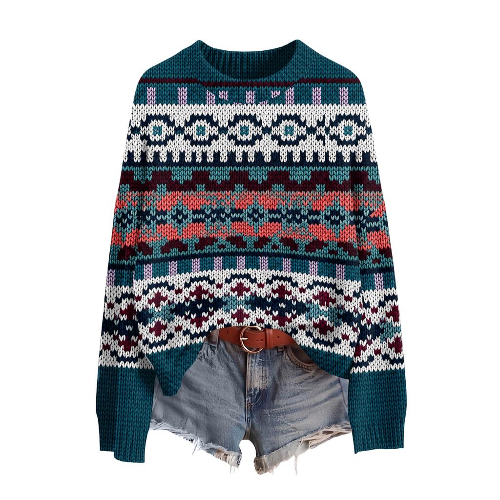 Women's Fashion Soft Long Sleeve Printed Neck Pullover Sweater for Fall Winter