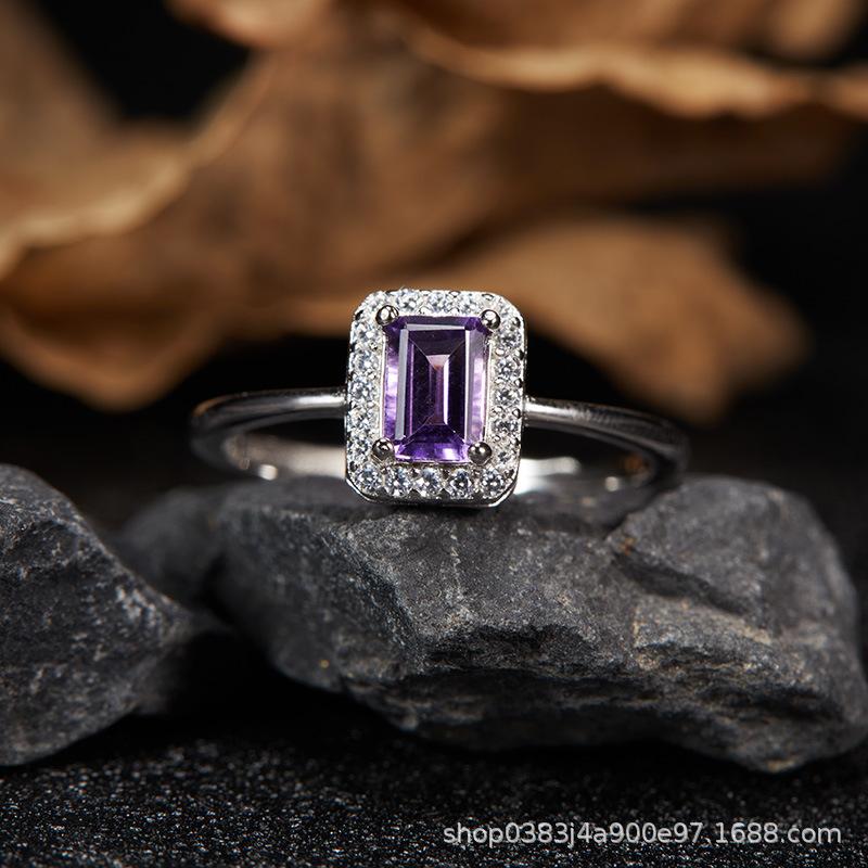 

S925 Sterling Silver Natural Colored Treasure Sugar Cube Ring Index Finger Ring Simple Jewelry Niche Temperament High Sense