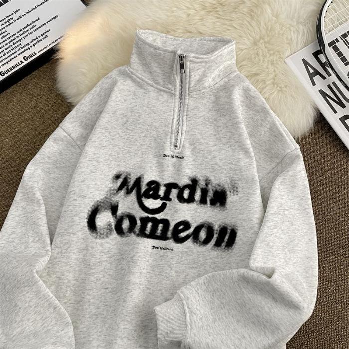 Толстовка на молнии до середины для мужчин новый стиль на осень и зиму свободная и повседневная парная одежда пальто с воротником-поло топ с лацканами для женщин XL серый 1490₽