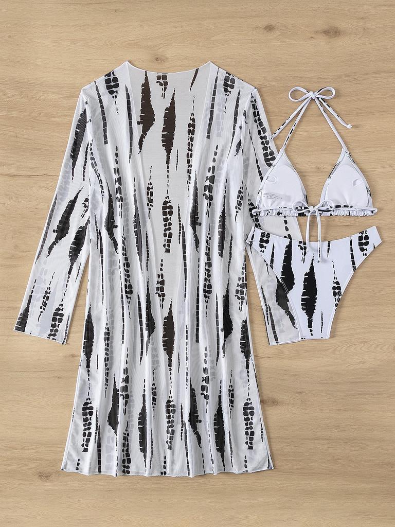 Dreiteiliges Bikini-Set im europäischen und amerikanischen Stil 2024 mit langärmeligem Sonnenschutz aus Mesh für Urlaub und heiße Quellen.