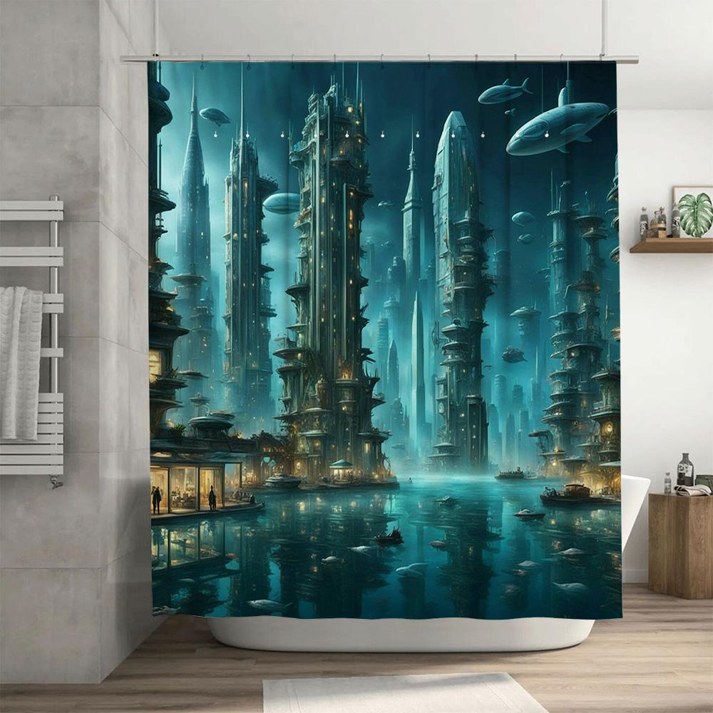 Futuristic Cityscape Shower Curtain Waterproof Wall Covering Decoration in Home Garden