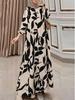 European American Women's Elegant Round Neck Loose Ankle-Length Print Dress, Three-Quarter Sleeve