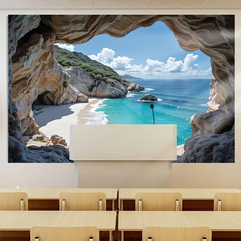 Seaside Cave View Backdrop Natural Rock Cave Coastal Scenery Photography Background Cloth for Wedding & Vacation Theme