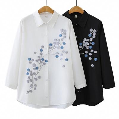 2026 Spring Plus Size Women's Cotton Long Sleeve Embroidered Shirt - Artistic Style Versatile Slimming Cardigan for Chubby Girls