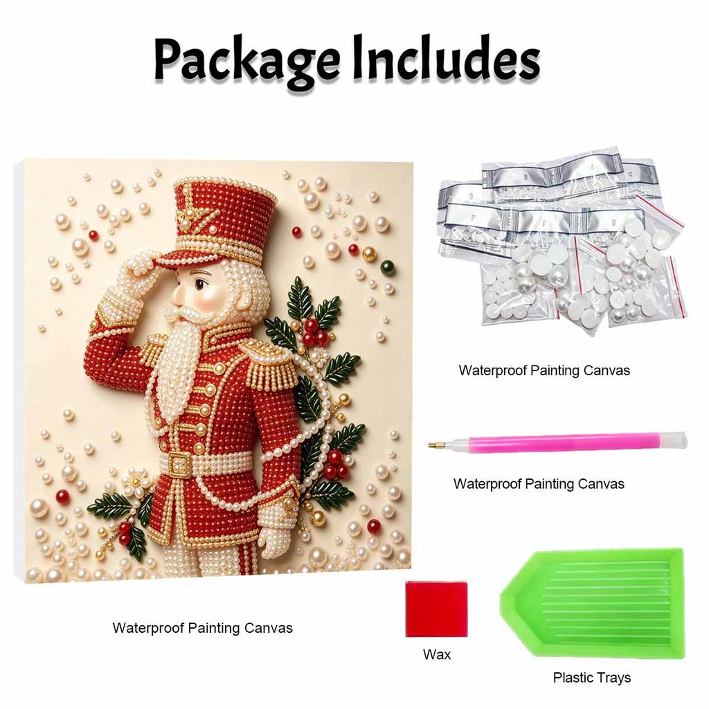 Handmade Framed Pearl Painting Set with Elegant Christmas Nutcracker Design 5D Shiny Bead Art Canvas Creative DIY Craft for Wall Room Decor