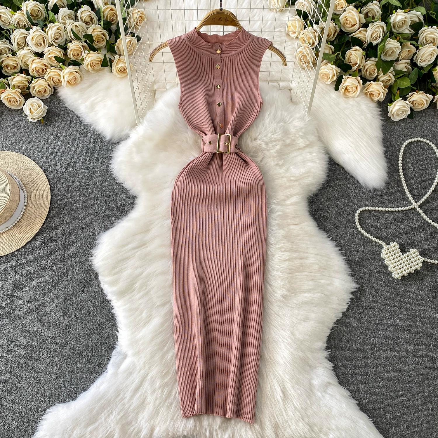 

Summer Women Sleeveless Single Breasted Office Work Knitted Sweater Sheath Dresses with Belt One Size рожевий