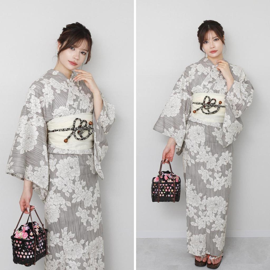 Fuuka Yukata Set Adult One Size Fits Peony and Obi Made in Women's (2 Pieces), Size, Most, (Beige/White) (Off-White, Japan)