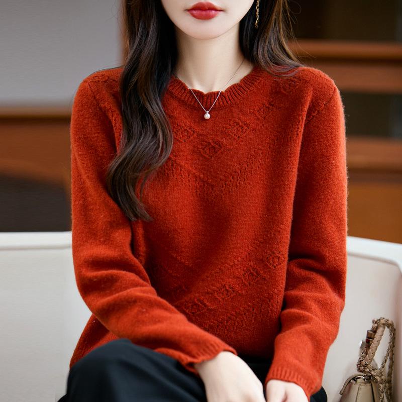 2025 A/W Pure Wool Lace Knitwear - Round Neck, Long Sleeve Crochet Pullover