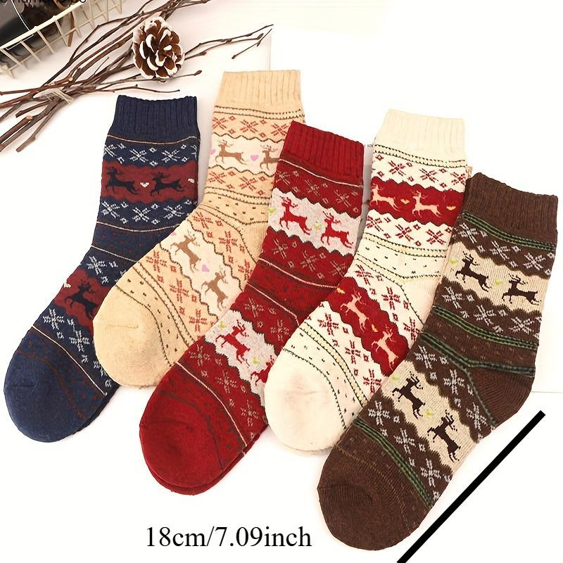 5 Pairs Elk Print Thickened Socks, Comfy & Warm Christmas Mid Tube Socks, Women's Stockings & Hosiery