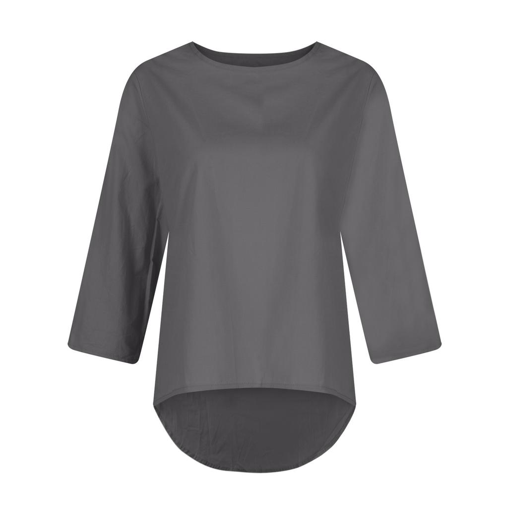 Damen Rundhals Baumwolle Leinen 3/4 Ärmel Lässiges Lockeres Farb-T-Shirt