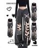Black High-Waisted Straight Leg Distressed Denim Pants Women Punk Streetwear Wide Cropped Trousers