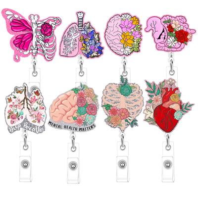 Acrylic Glitter Organ Bone Lung Brain Heart Retractable Clip Id Card Buckle Badge Clip Nurse Badge Reel Bag Accessories