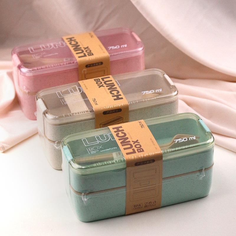 Double-Layer Wheat Straw Lunch Box With Fork And Spoon Microwave Safe Portable Lunch Box For Office Workers And Students