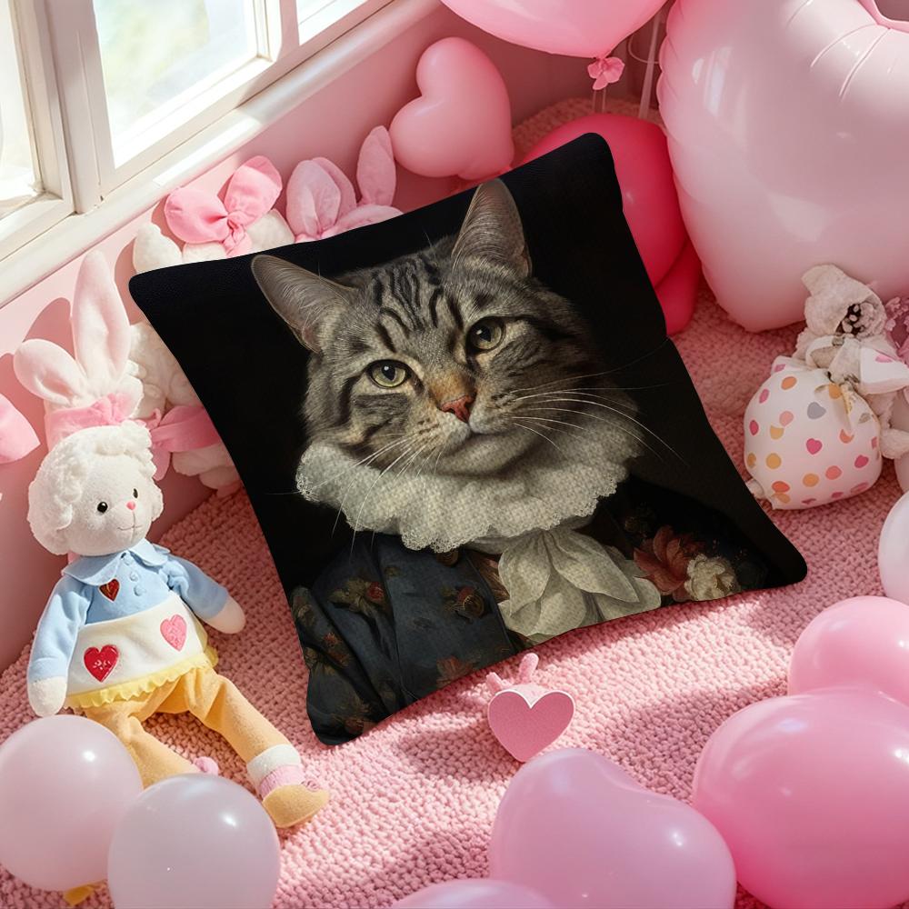Renaissance Royal Cat Funny Pillow Case Anti-Dustmite Pillowcase Invisible Zipper Silky Short Plush Sofa Cushion Cover