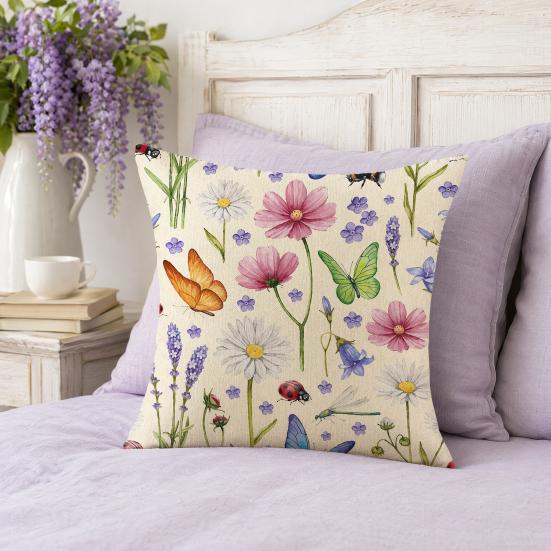 Floral Cushion Cover, 18x18 Inch Decorative Throw Pillow Cover with Hidden Zipper, Plant Insect Flower Patterns, Cushion Case for Sofa Car Home Decor