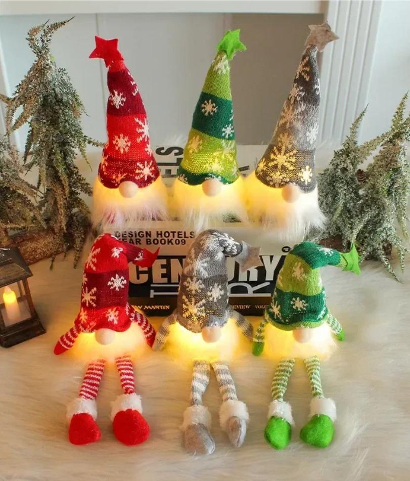 Christmas Faceless Doll Gnome Ornaments LED Light Plush Knitting Crafts Tree Pendant Christmas Decorations for Home Kids Gift