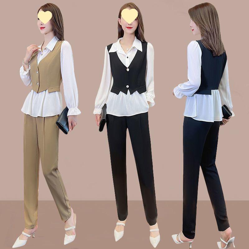 2025 Spring/Autumn Women's Long Sleeve Fake Two-Piece Blouse with Vest and Turn-Down Collar