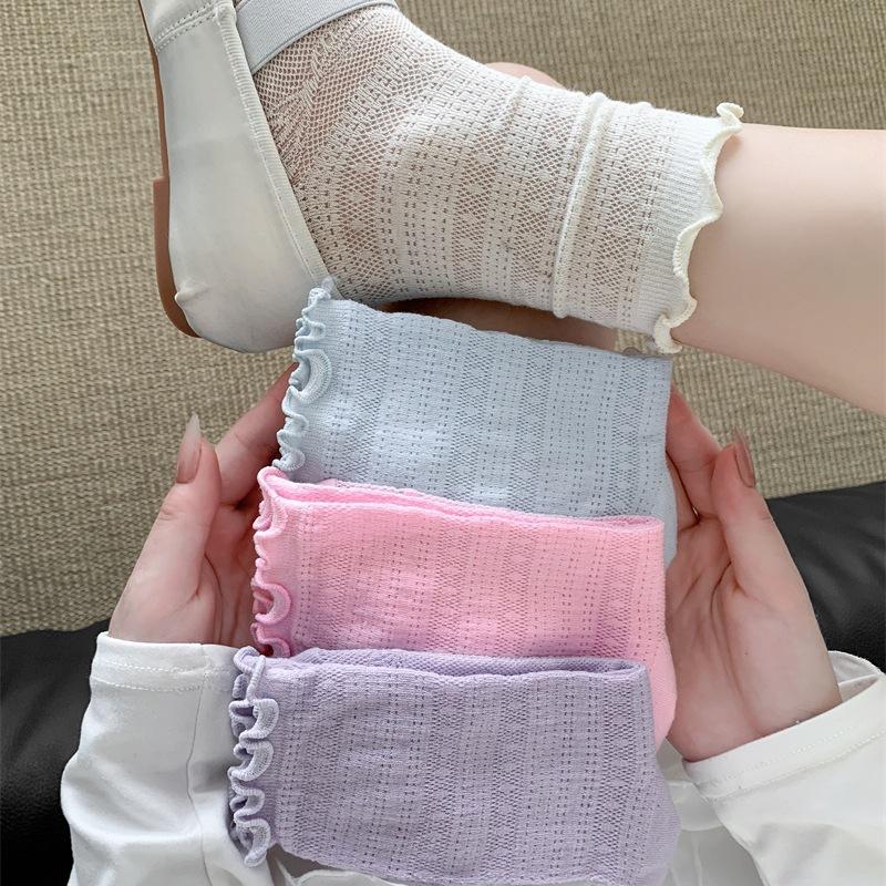 Women Spring and Summer Thin Dark Bow Ballet Style Hollow Breathable Mesh Tube Stack Socks