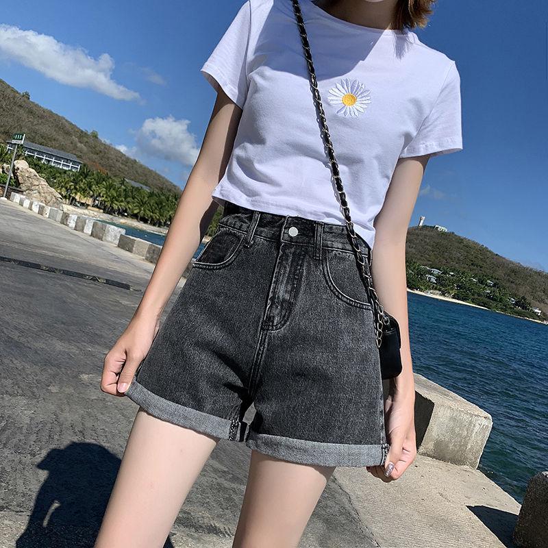 Korean Style High Waist Rolled Hem Denim Shorts for Women - Summer Casual Loose Fit, Versatile Wide-Leg Design S