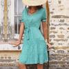 Floral Printed Summer Dress Chic Slim Fit High Waist V Neck A Line Green Short Sleeve Sizes S To XXL