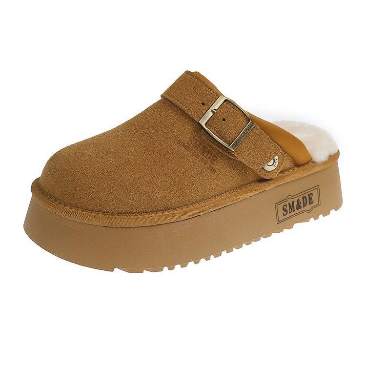 

Boken shoes platform-soled velvet bag head half slippers women s outer wear 2025 new winter Boken fluffy snow cotton slippers 40