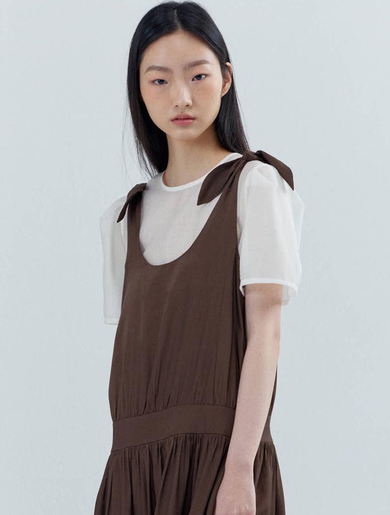 Opening Sunshine Ribbon Shoulder Shirred Sleeveless Dress Brown