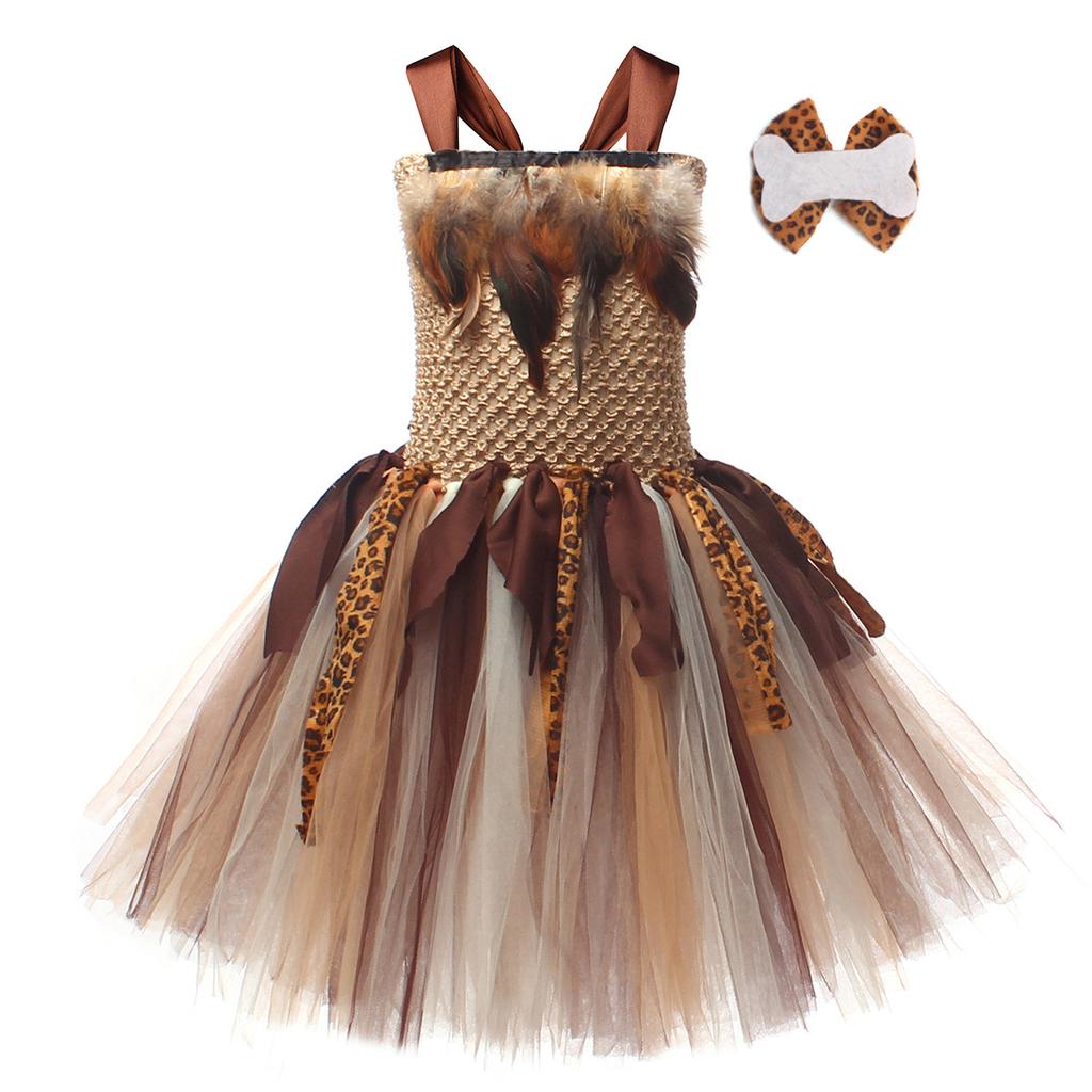 Höhlenmädchen Kostüm für Mädchen Wilder Mann Cosplay Geburtstag Dschungel Karneval Partykleider Ausgefallene Tutus Outfit Halloween Tutu Kleid