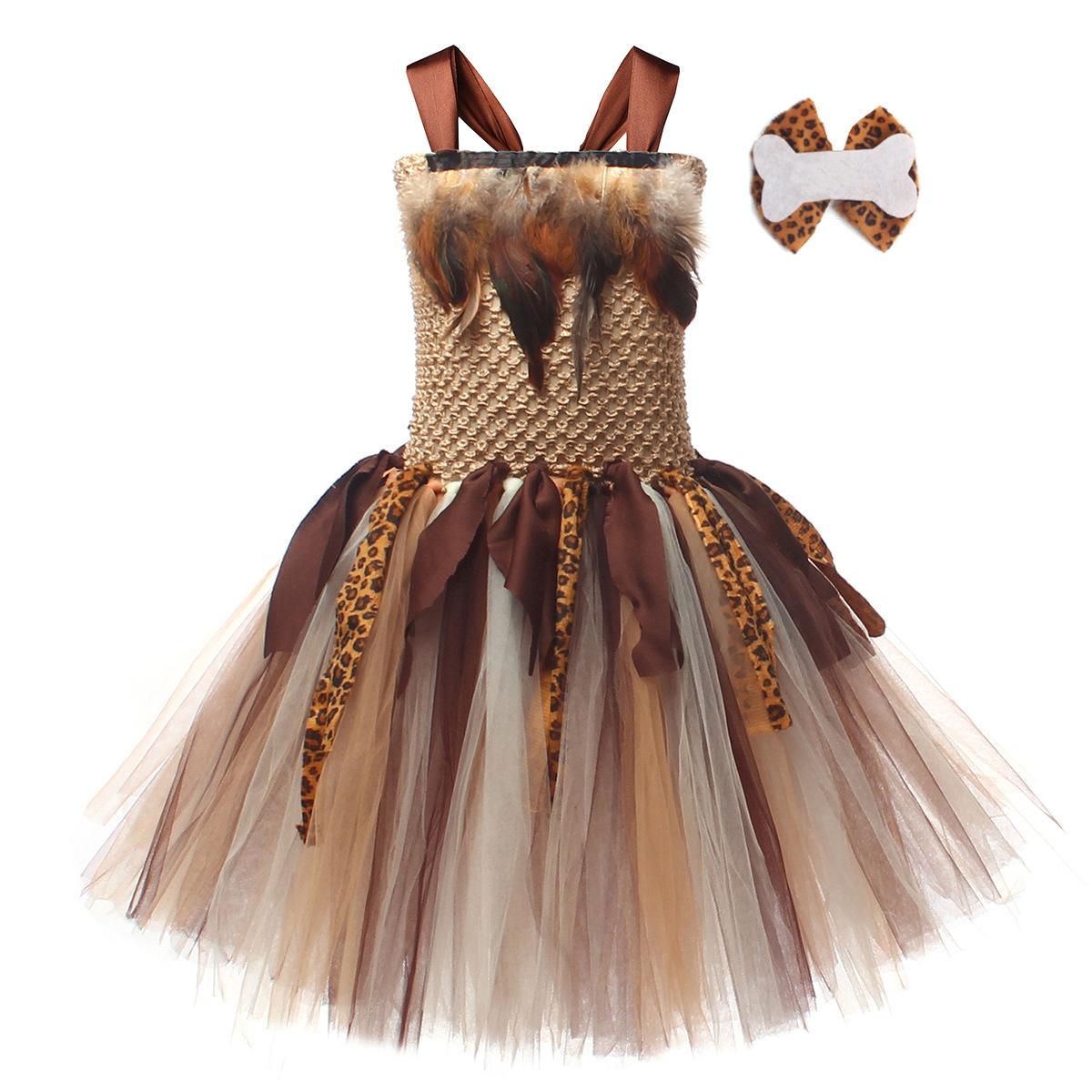 Déguisement Fille des Cavernes pour Fille Homme Sauvage Cosplay Anniversaire Jungle Carnaval Fêtes Robes Tutus Fantaisie Tenue Halloween Robe Tutu S(2-3Y)