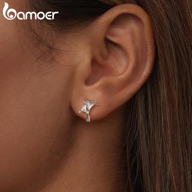 BAMOER Solid 925 Sterling Silver Ginkgo Leaf Hoop Earrings for Women Teens Small Hoop Earrings Pretty Flowers Huggie Jewelry
