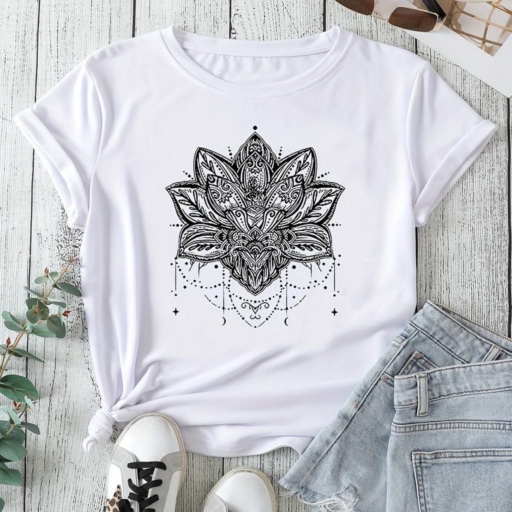 Plus Size Casual T-shirt, Women's Plus Mandala Print Short Sleeve Round Neck Slight Stretch T-shirt