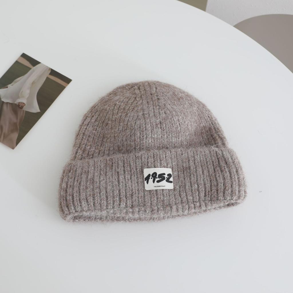 Japanese Simple Letter Pattern Labeling Knitted Hat for Women In Autumn and Winter New Warm and Thickened Cold Hat Showing A Small Face