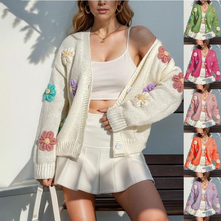 Süßer Damen Pullover Blumenmuster Knopf Strickjacke Süß Frisch Locker Langarm