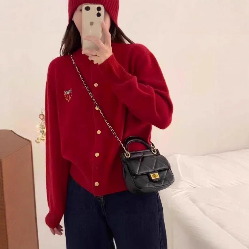 Women's 100% Wool Embroidered Badge Cardigan - New for Early Spring 2025, Soft Round Neck, Thin Knit Sweater.