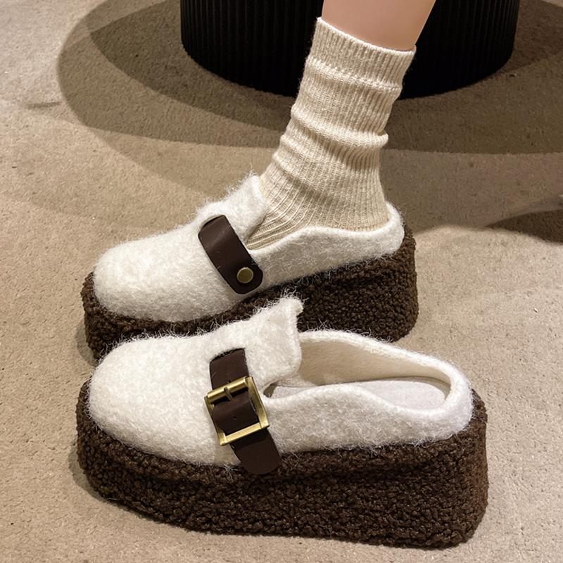 Suede Women Wedges Slippers High Heels Designer Shoes Fur Short Plush Slingback Winter Shoes 2024 Trend Fashion Mujer Zapatos