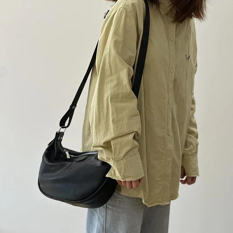 Johnature Genuine Leather Casual Solid Color Women's Shoulder Bag Versatile Soft Cowhide Black Crossbody Bag