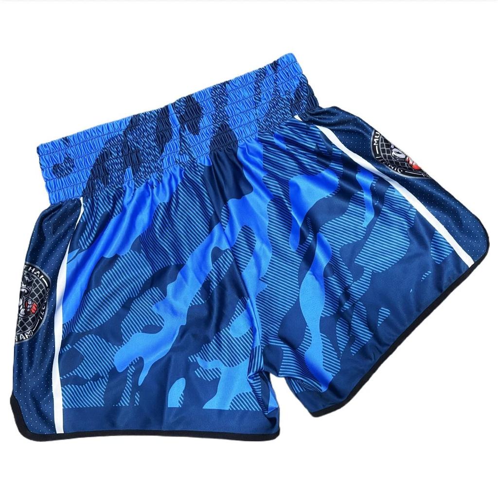 Blue Camouflage Muay Thai Kickboxing Boxing MMA UFC Casual Shorts Gym Sport Unisex Men Women Workout Quick Dry Print Elastic High Waist Training