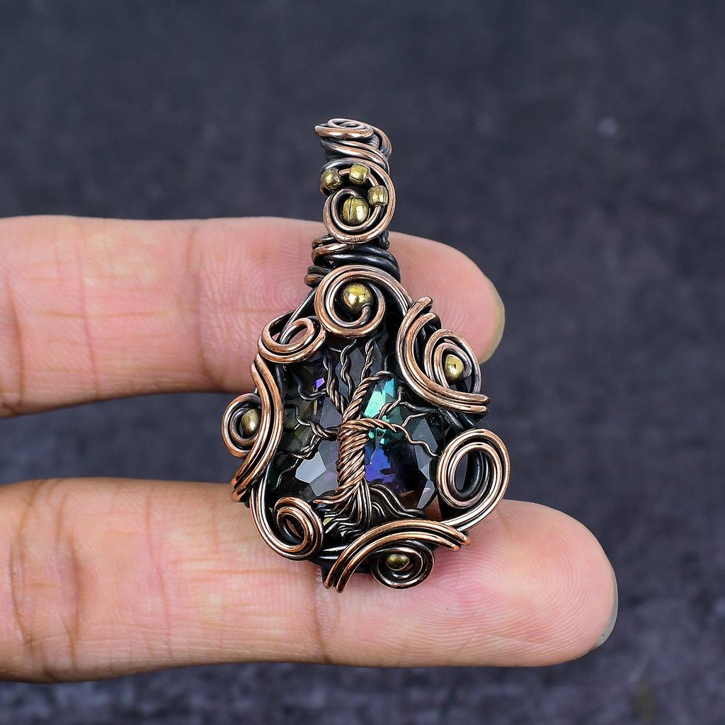 Natural Mystic Topaz Gemstone Copper Wire Wrap Jewelry Pendant 1.89" g4m74