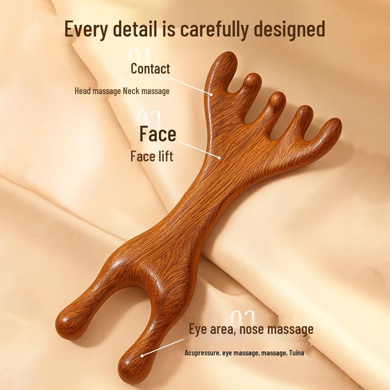 Fünfzinkiger Sandelholz Geweih Kopfmassagekamm für Kopfhaut- & Meridiantherapie