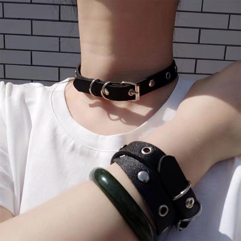Nightclub Necklace Cosplay Gothic Punk Rock Choker Chain Adjustable PU Leather Collar for Fashionable Youth