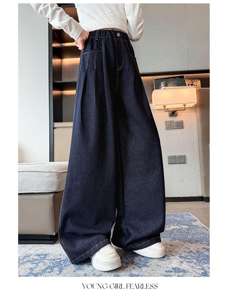 2025 Mädchen Dunkelblaue Weitbeinige Jeans mit Fleecefutter - Stilvolle Herbst-/Winterhose für Mittelschülerinnen