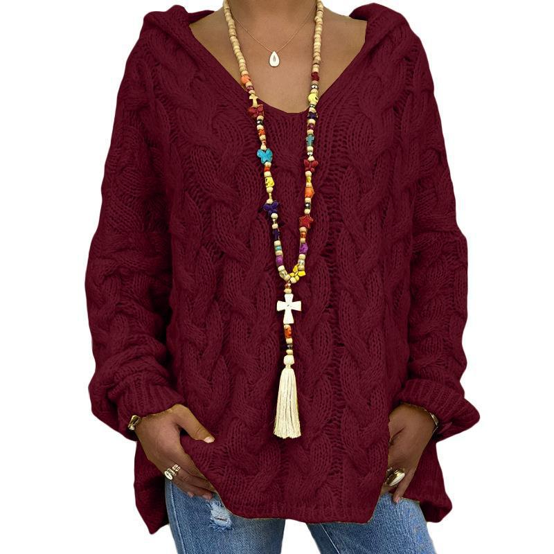 2026 Autumn Winter Pure Color Cable Knit Hoodie - European/American Bestseller