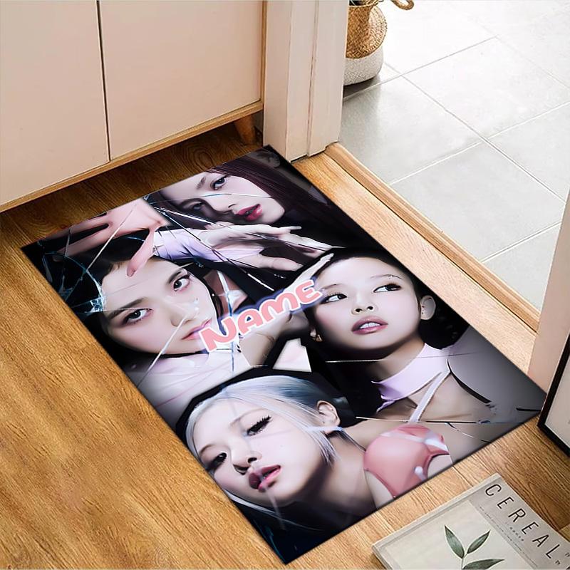 Custom Name Floral Fashion Kpop BP Rug for Living Room, Game Rooms, Office, Bedroom, Floor Mat Playful Design, fan gifts Christmas decor