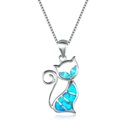 Collar con colgante de ópalo azul de imitación con diseño de gato bohemio para mujer, dije de cristal azul con diamantes de imitación, joyería de regalo