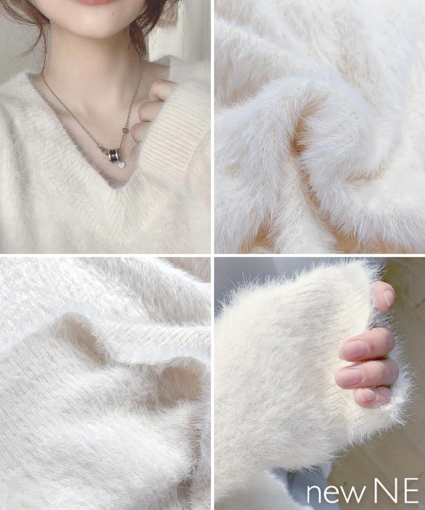 Fluffy Knit Warm Stylish Top for Fall and Loose Summer Long Perfect for and [newNE] Women's V-Neck Sweater, Casual, Fluffy, Pullover, Winter, Simple,