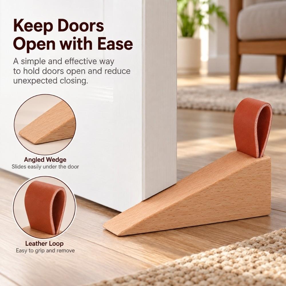 Solid Wood Door Wedge Leather Strap Door Holder New Wooden Door Stopper  Prevent Door Slamming Wall
