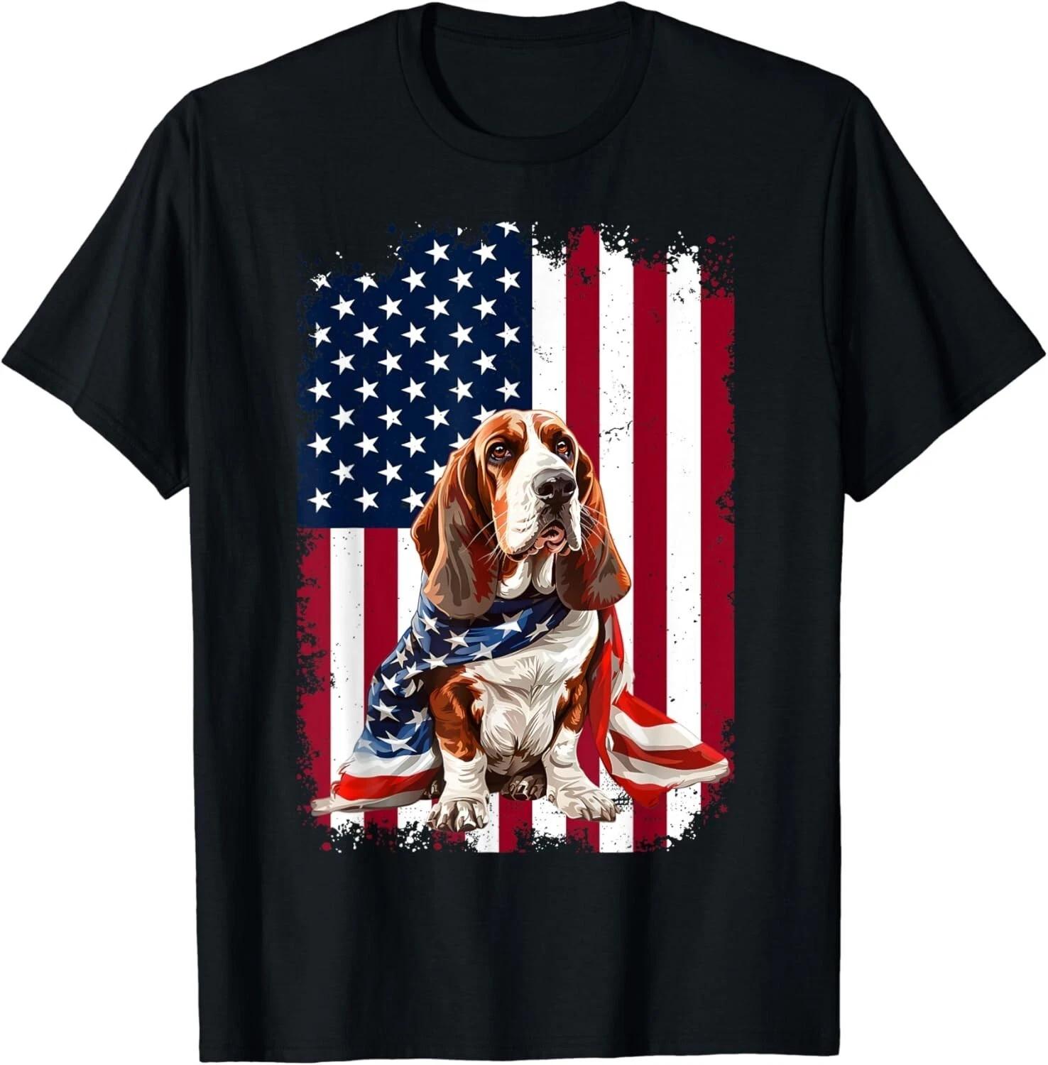 Basset Hound USA Flag Dog Lover 4th Of July Graphic T-Shirt S
