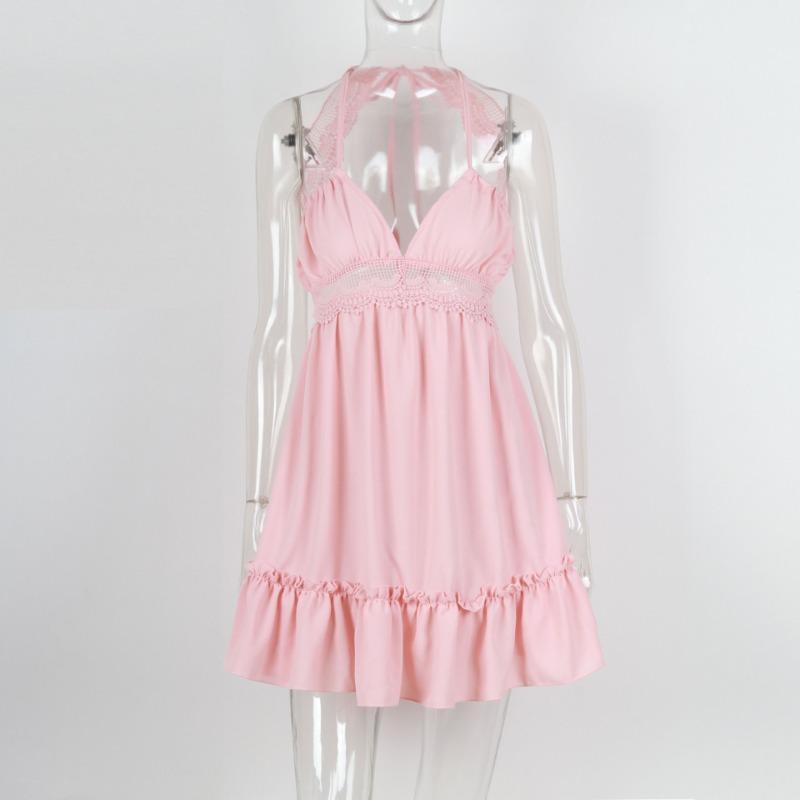 Solid Color Women's Sexy Backless Halter Waist Lace Dresses