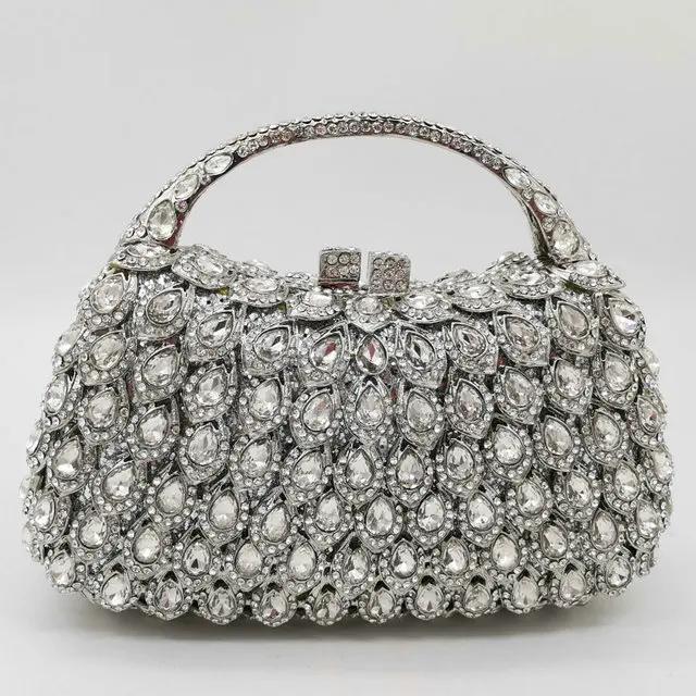 

Boutique De FGG Pink Crystal Rhinestone Clutch Handbag Women Metal Minaudiere Top Handle Tote Purse Wedding Party Evening Bag Mini Size