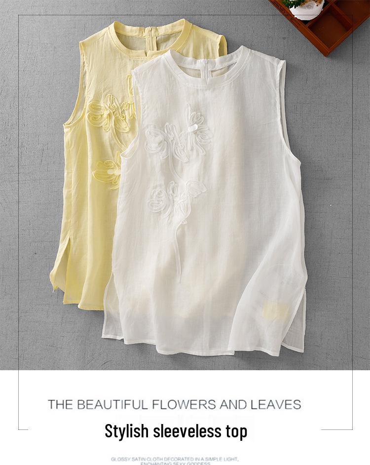 European-Style Floral Embroidered Cotton Linen Sleeveless Top for Women